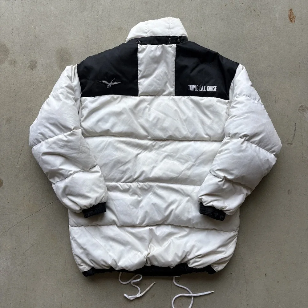 Vintage 90s Triple FAT Goose Down Puffer Jacket Size Small White Black Gorpcore